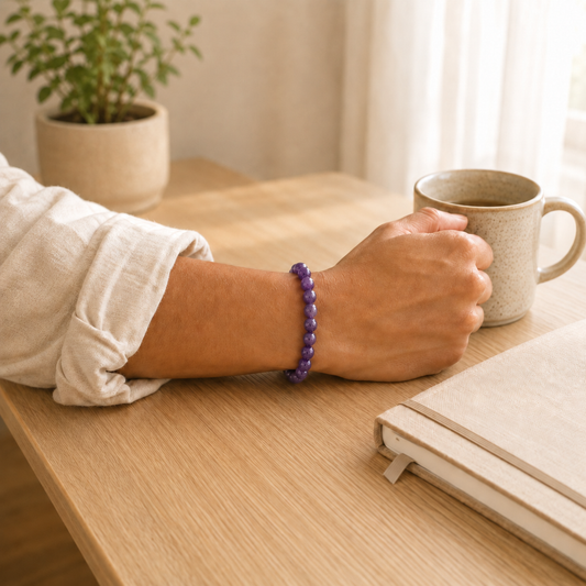 Amethyst Bracelet worn on wrist showing bracelet style and fit
