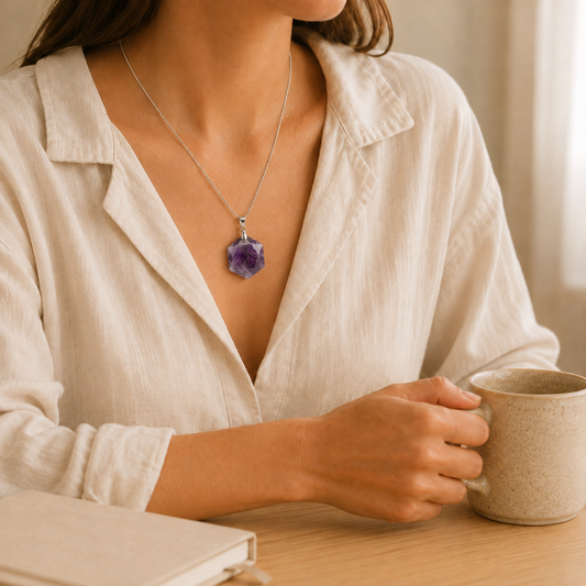 Amethyst Hexagon Pendant lifestyle view showing style, scale and fit