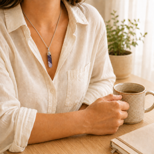 Amethyst Pencil Pendant lifestyle view showing style, scale and fit