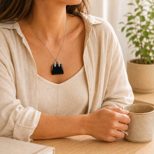 Black Tourmaline Handbag Pendant lifestyle view showing style, scale and fit