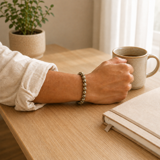 Dalmatian Jasper Bracelet worn on wrist showing bracelet style and fit