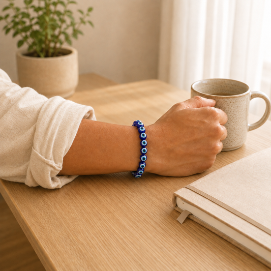Evil Eye Bracelet worn on wrist showing bracelet style and fit