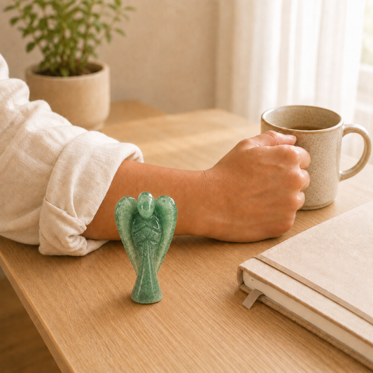 Green Aventurine Angel lifestyle view showing style, scale and fit
