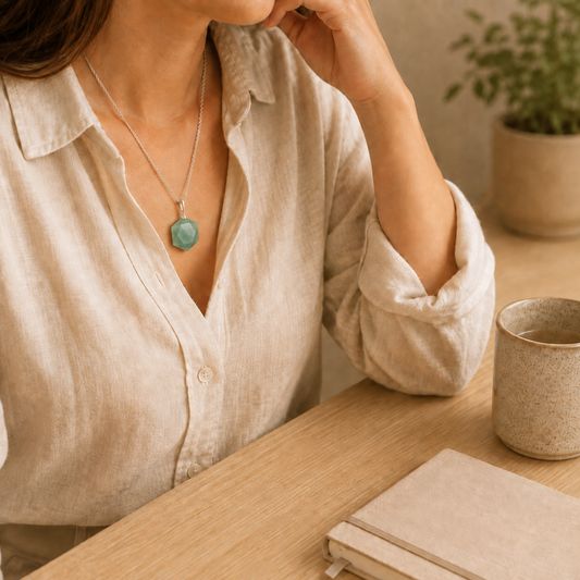 Green Aventurine Hexagon Pendant lifestyle view showing style, scale and fit