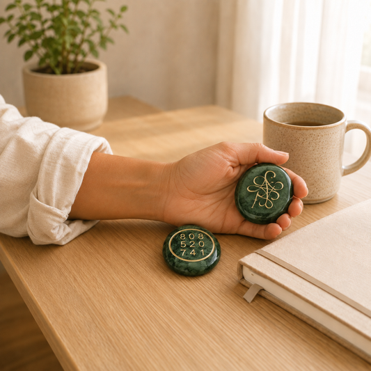 Green Jade Zibu Coin lifestyle view showing style, scale and fit