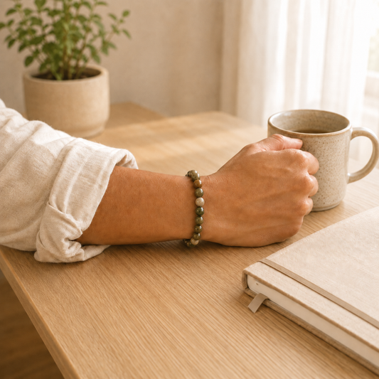 Indian Agate Bracelet worn on wrist showing bracelet style and fit