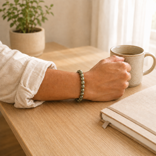 Kiwi Jasper Bracelet worn on wrist showing bracelet style and fit