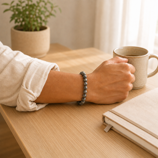 Larvikite Bracelet worn on wrist showing bracelet style and fit
