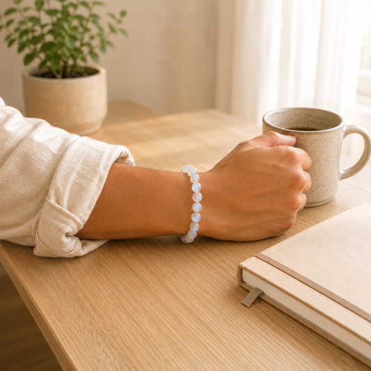 Moonstone Bracelet worn on wrist showing bracelet style and fit
