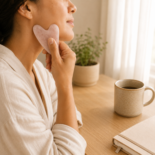 Rose Quartz Gua Sha lifestyle view showing style, scale and fit