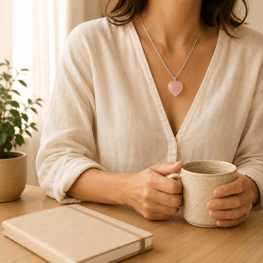 Rose Quartz Heart Pendant lifestyle view showing style, scale and fit