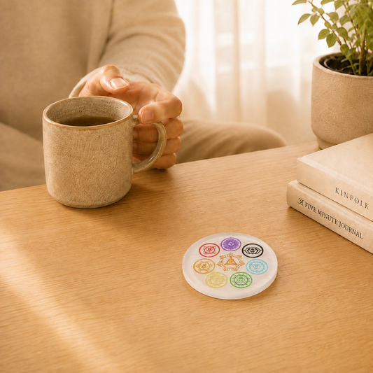 Selenite 7 Chakra Plate lifestyle view showing style, scale and fit