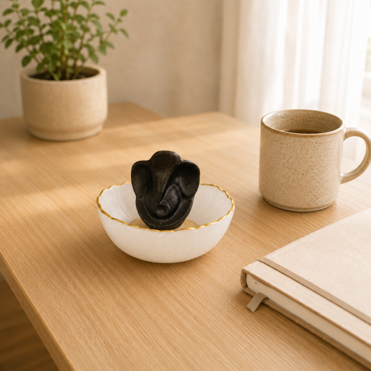 Selenite Bowl + Ganesha lifestyle view showing style, scale and fit