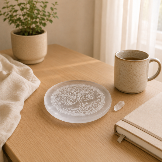 Selenite Flower Plate lifestyle view showing style, scale and fit
