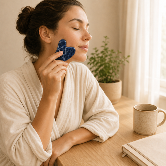 Sodalite Gua Sha lifestyle view showing style, scale and fit