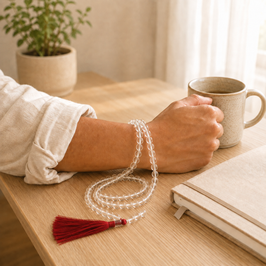 Sphatik Mala lifestyle view showing style, scale and fit