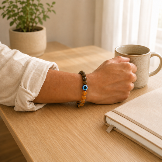Tiger Eye Citrine Evil Eye Bracelet lifestyle view showing style, scale and fit