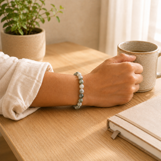 Tree Agate Bracelet worn on wrist showing bracelet style and fit