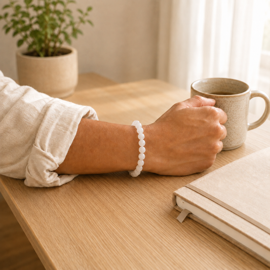 White Agate Bracelet worn on wrist showing bracelet style and fit