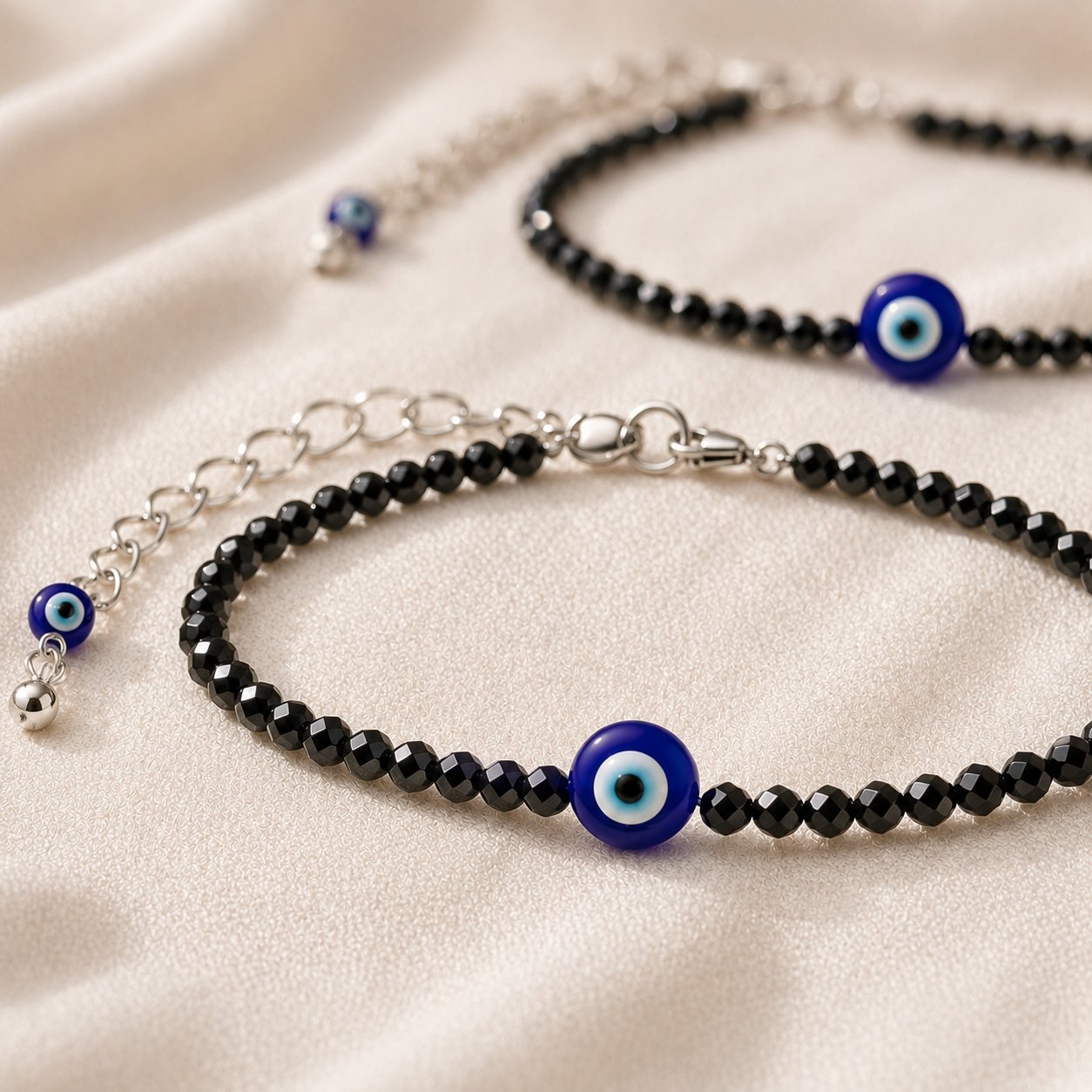 Black Tourmaline & Evil Eye Anklet Set for Protection