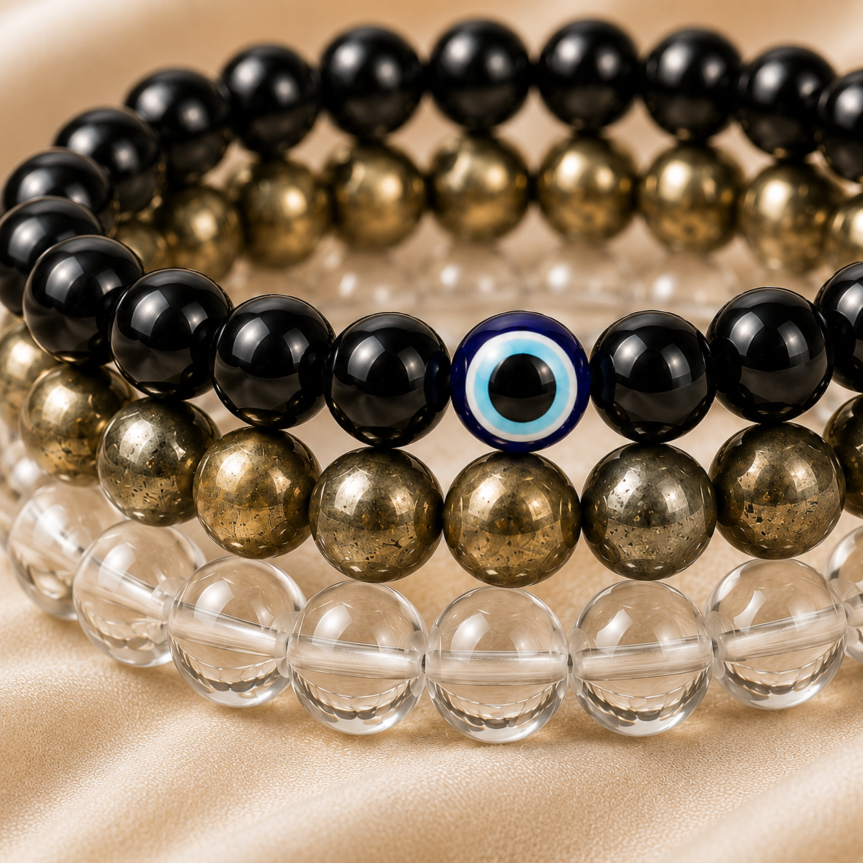 Clear Quartz, Pyrite & Evil Eye Bracelet Set for Focus