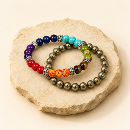 7 Chakra & Pyrite Duo Bracelet Set for Mindfulness