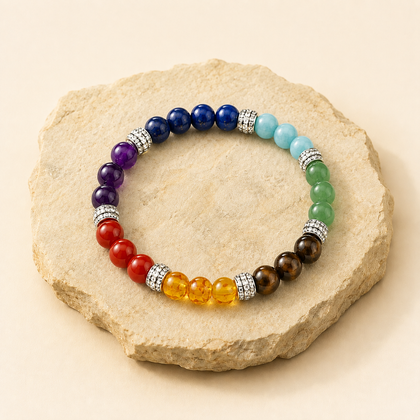 7 Chakra bracelet product hero with multicolour 8 mm mixed-stone beads