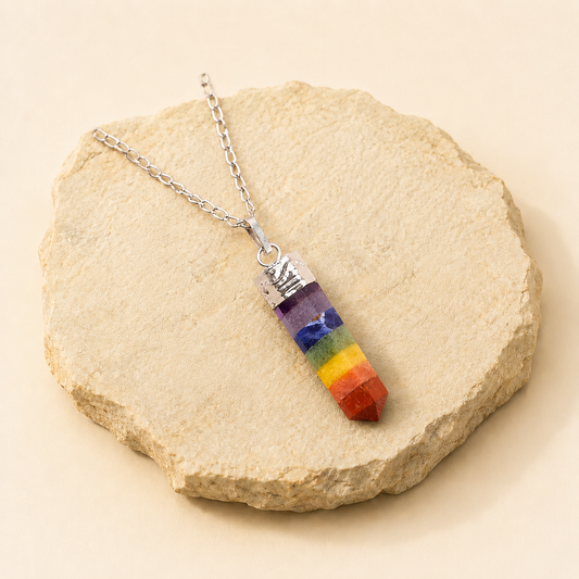 7 Chakra Pencil Pendant natural crystal product view by Evashu Crystals