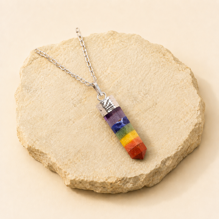 7 Chakra Pencil Pendant natural crystal product view by Evashu Crystals