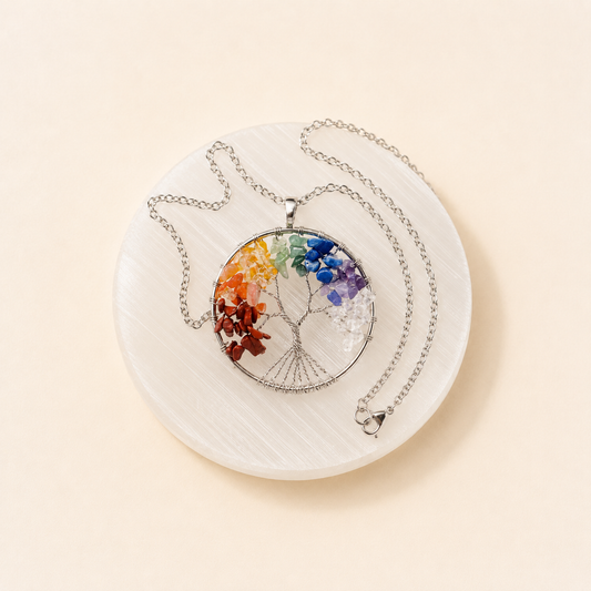 7 Chakra Tree Pendant natural crystal product view by Evashu Crystals