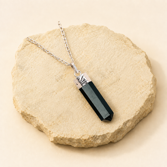 Black Obsidian Pencil Pendant natural crystal product view by Evashu Crystals