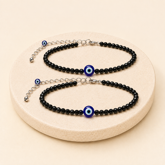 black-tourmaline-and-evil-eye-anklet-set natural crystal product view by Evashu Crystals
