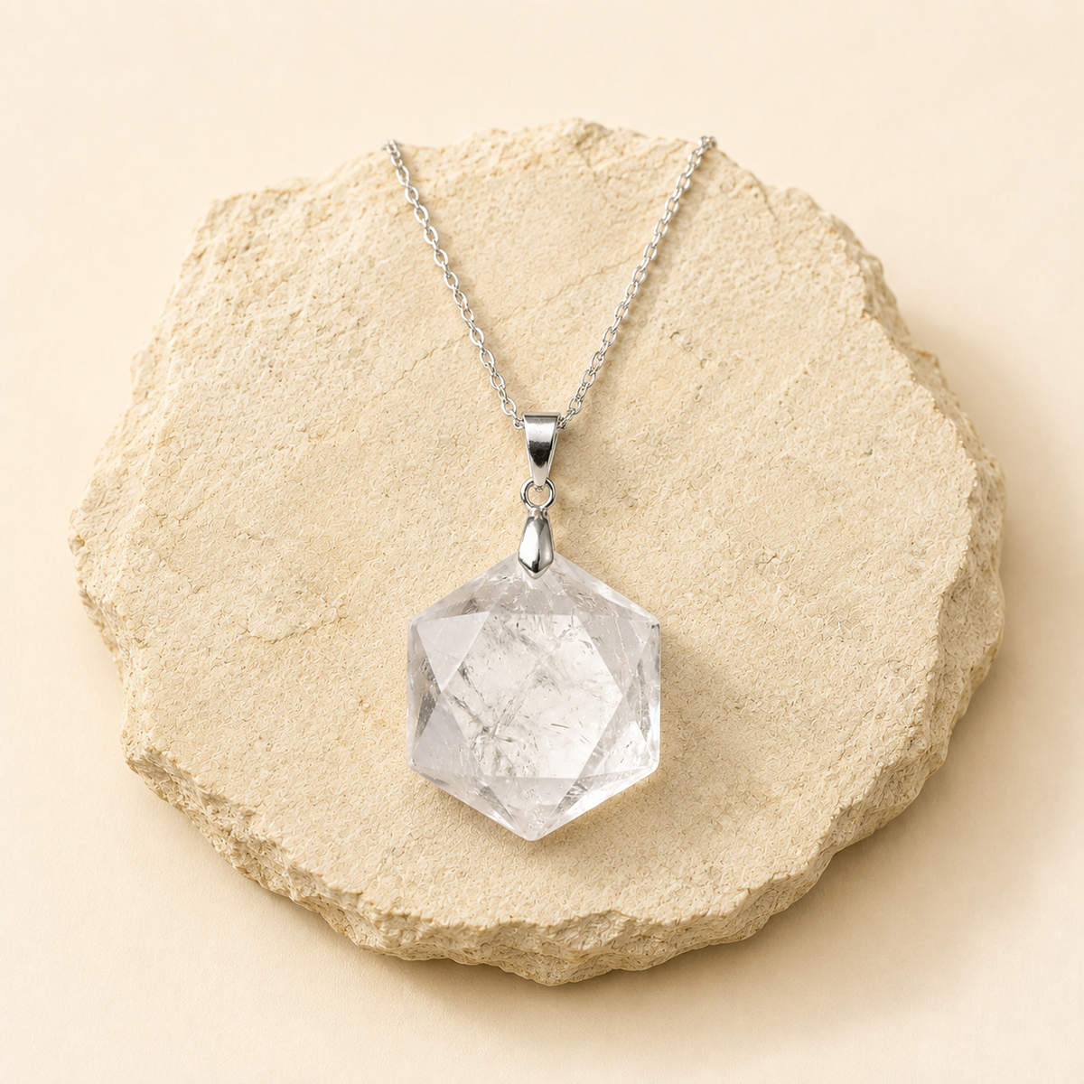 Clear Quartz Hexagon Pendant with chain by Evashu Crystals