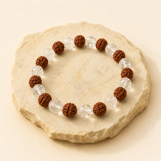 Clear Quartz Rudraksha Bracelet natural crystal product view by Evashu Crystals