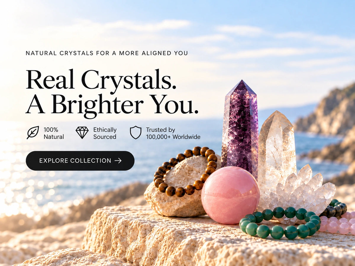 Natural crystal pieces styled in a calm, light editorial setting