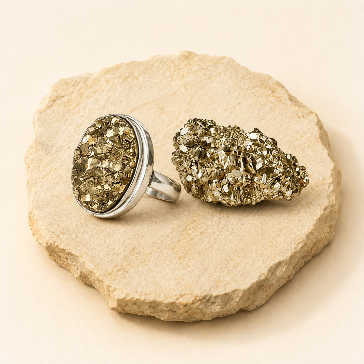 pyrite-stone-and-ring-set natural crystal product view by Evashu Crystals