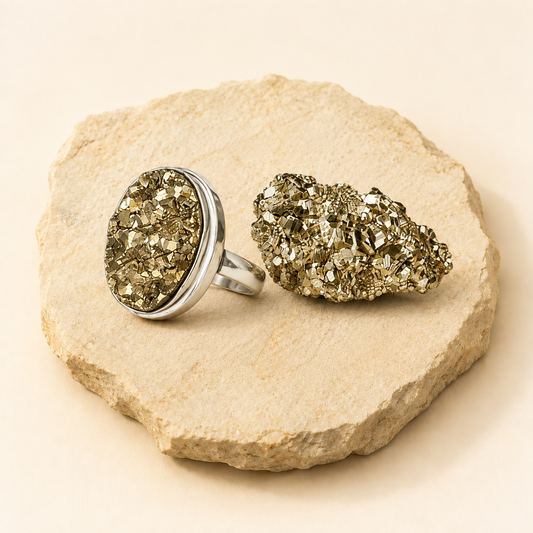 pyrite-stone-and-ring-set natural crystal product view by Evashu Crystals