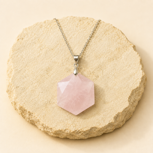 Rose Quartz Hexagon Pendant natural crystal product view by Evashu Crystals