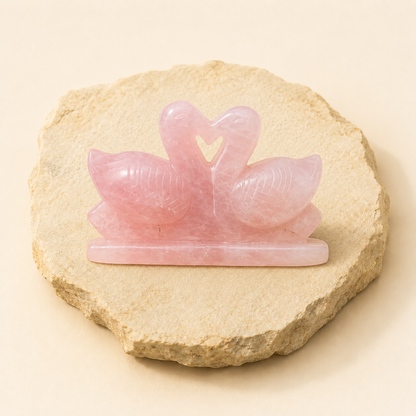 Rose Quartz Swan Pair natural crystal product view by Evashu Crystals