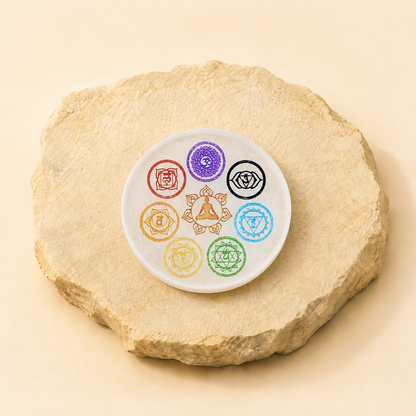 Selenite 7 Chakra Plate natural crystal product view by Evashu Crystals