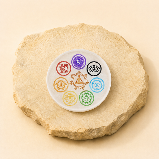 Selenite 7 Chakra Plate natural crystal product view by Evashu Crystals