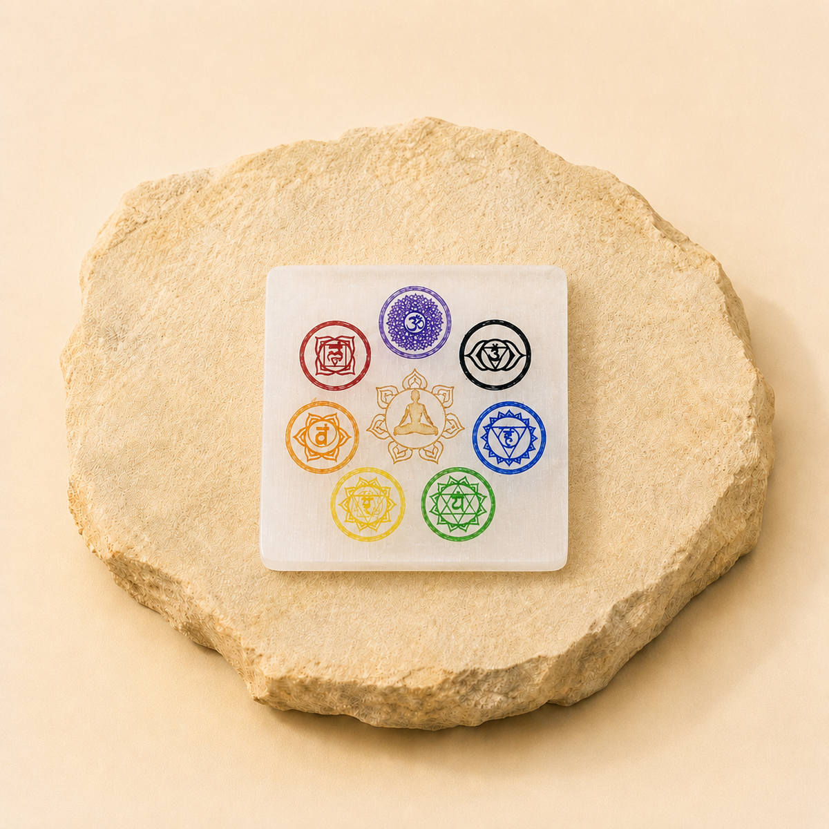 Selenite 7 Chakra Square Plate natural crystal product view by Evashu Crystals