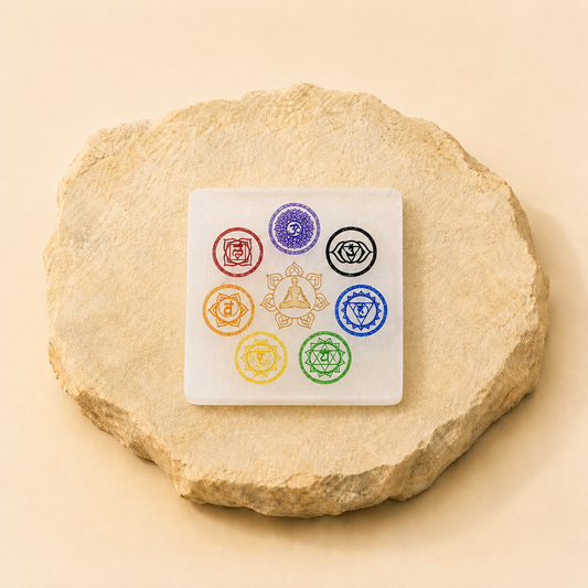 Selenite 7 Chakra Square Plate natural crystal product view by Evashu Crystals
