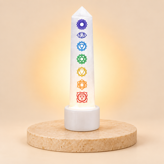 selenite-7-chakra-tower-lamp natural crystal product view by Evashu Crystals