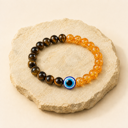 Tiger Eye, Citrine and Evil Eye bracelet set by Evashu Crystals