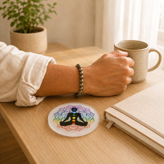 7 Chakra Selenite Plate lifestyle view showing style, scale and fit