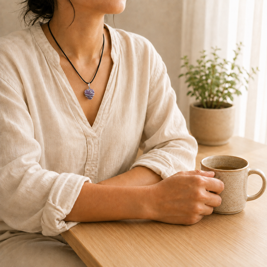 Amethyst Pendant lifestyle view showing style, scale and fit