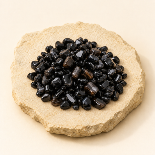 black-agate-crystal-chips lifestyle view showing style, scale and fit