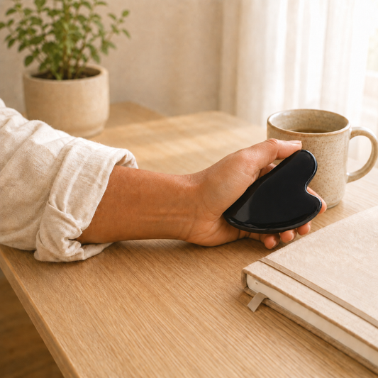 Black Obsidian Gua Sha lifestyle view showing style, scale and fit
