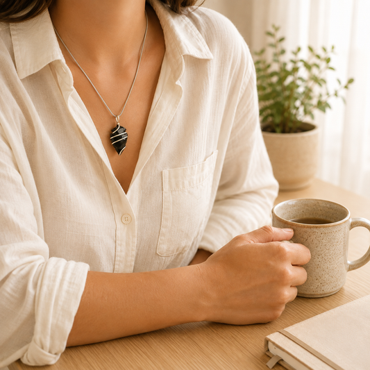 Black Obsidian Pendant lifestyle view showing style, scale and fit